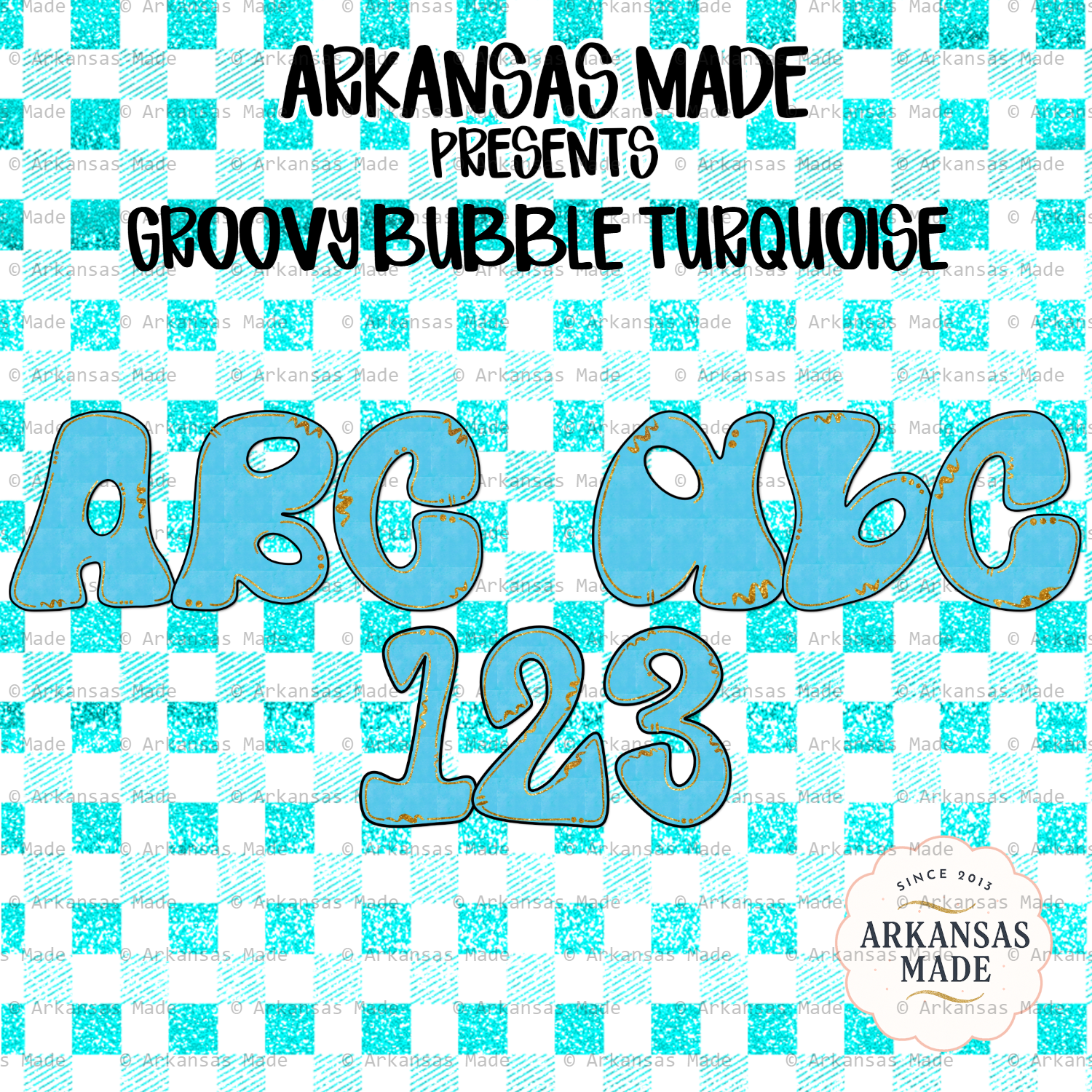 Groovy Bubble Turquoise Alphabet PNG, Retro Letters & Numbers Set, Faux Gold Glitter Distressed Digital Alpha PNGs for Sublimation & Crafts - Image 5