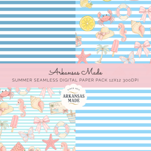 Summer Seamless Digital Paper Pack - Beach Ocean Theme Scrapbook Pattern, Cute Pastel Coastal PNG Backgrounds, 12x12 300DPI Digital Papers