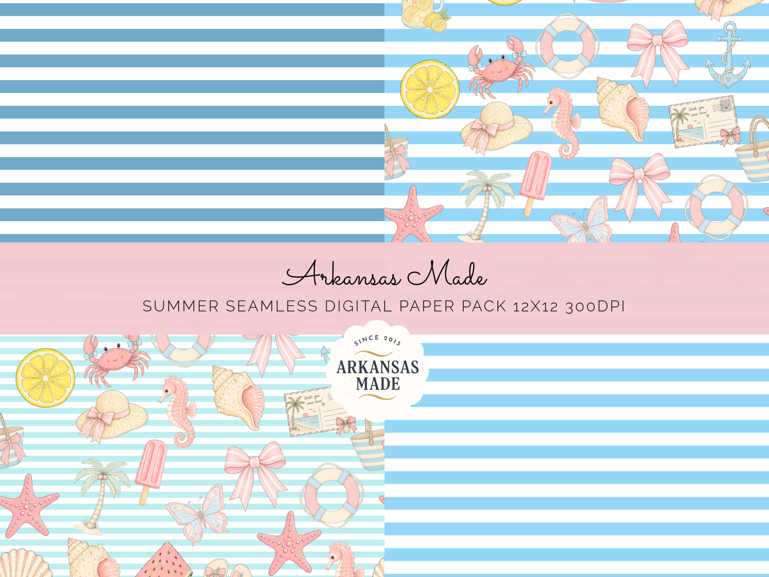 Summer Seamless Digital Paper Pack - Beach Ocean Theme Scrapbook Pattern, Cute Pastel Coastal PNG Backgrounds, 12x12 300DPI Digital Papers