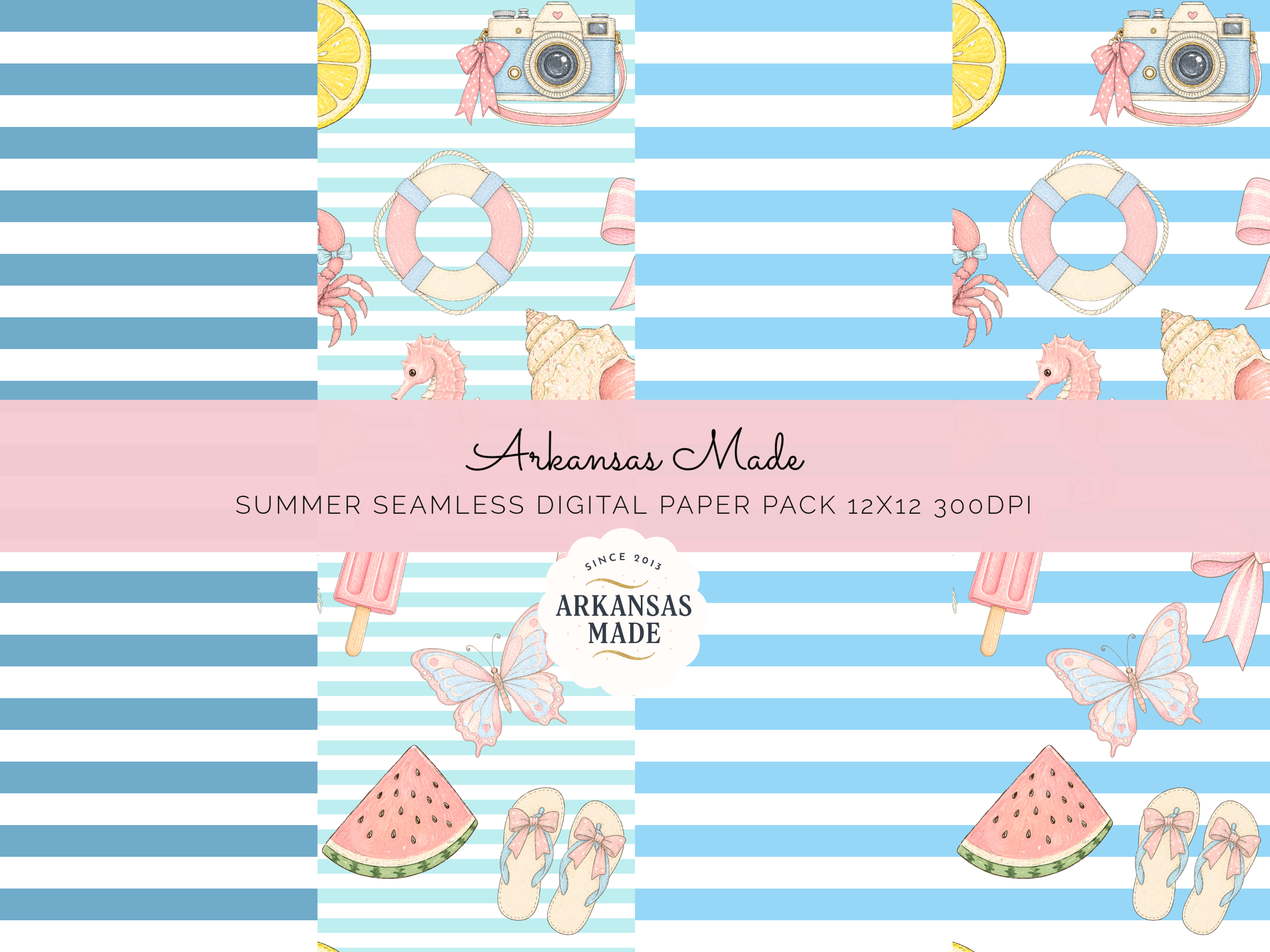 Summer Seamless Digital Paper Pack - Beach Ocean Theme Scrapbook Pattern, Cute Pastel Coastal PNG Backgrounds, 12x12 300DPI Digital Papers - Image 2