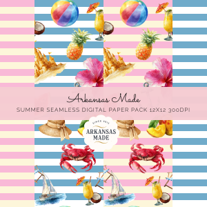 Summer Beach Tropical Digital Seamless Papers | Vacation Scrapbook Backgrounds, Pineapple Crab Hibiscus Pattern 12x12 300 DPI