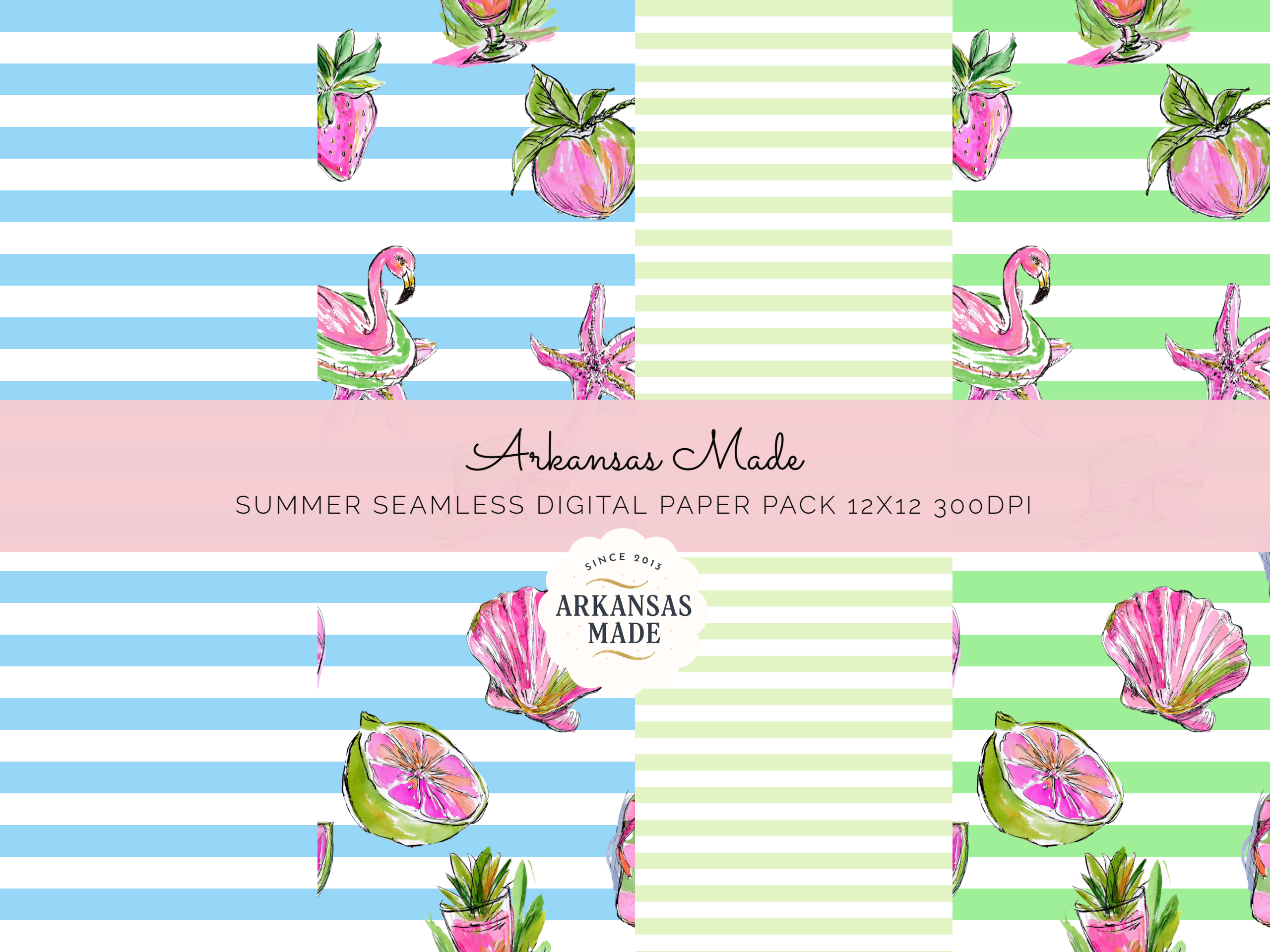 Summer Watercolor Digital Seamless Papers Pack 12x12 300DPI - Preppy Tropical Flamingo Lime Pineapple Beach Craft Scrapbook Fabric Pattern - Image 2
