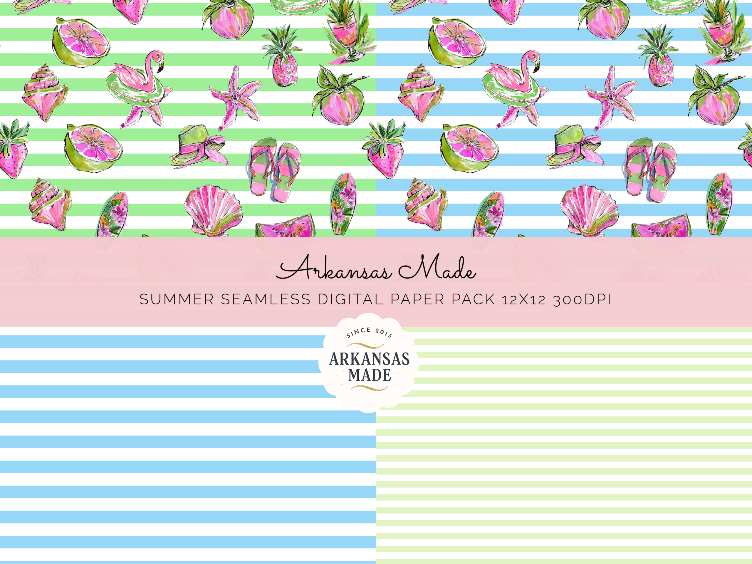 Summer Watercolor Digital Seamless Papers Pack 12x12 300DPI - Preppy Tropical Flamingo Lime Pineapple Beach Craft Scrapbook Fabric Pattern