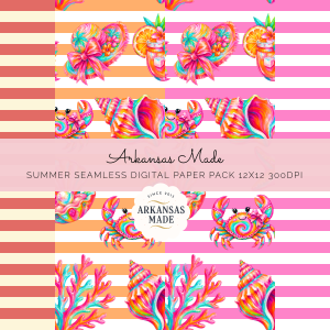 Vibrant Summer Digital Seamless Paper Pack 12x12 300DPI | Beach Tropical Scrapbook Backgrounds | Cute Crab Seashells Commercial Use Digital