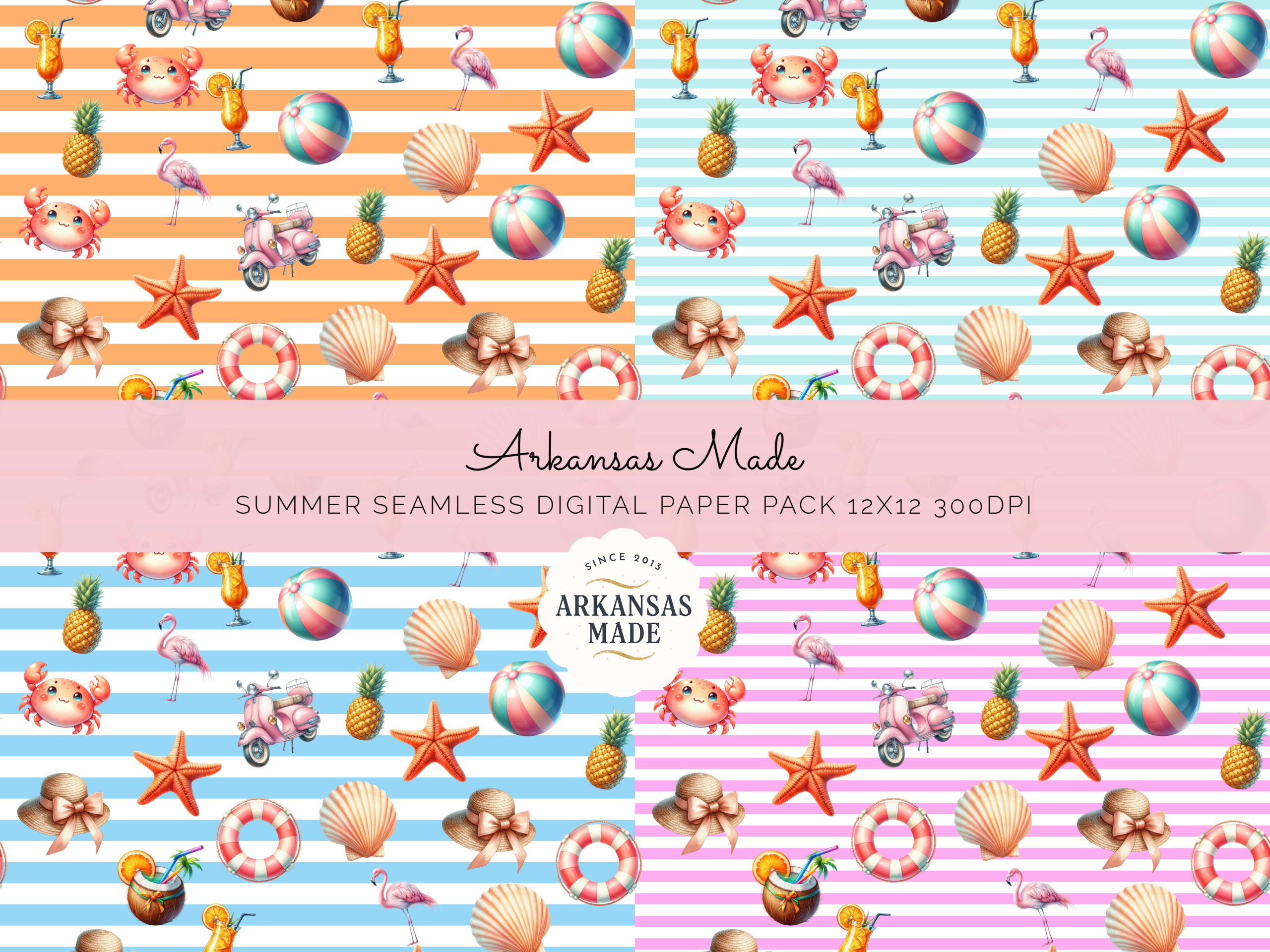 Summer Digital Seamless Papers Pack 12x12 300DPI - Beach Tropical Flamingo Crab Starfish Ocean Party Scrapbook Printable Backgrounds - Image 2