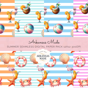 Summer Digital Seamless Papers Pack 12x12 300DPI - Beach Tropical Flamingo Crab Starfish Ocean Party Scrapbook Printable Backgrounds