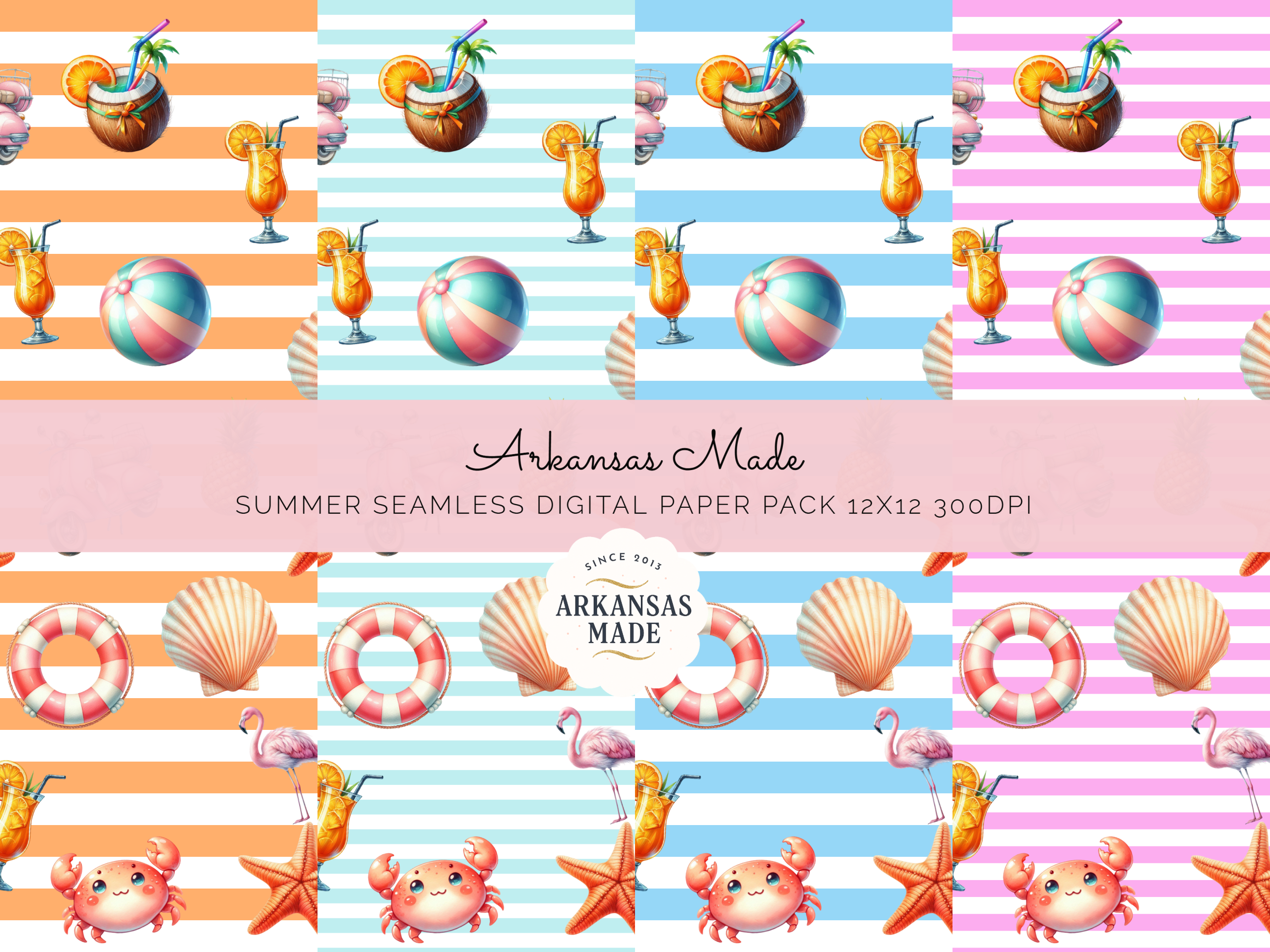 Summer Digital Seamless Papers Pack 12x12 300DPI - Beach Tropical Flamingo Crab Starfish Ocean Party Scrapbook Printable Backgrounds