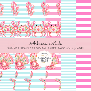 Pink Crab Digital Seamless Paper Pack, Watercolor Nautical Scrapbook Backgrounds 12x12 300 DPI, Cute Beach Ocean Pattern
