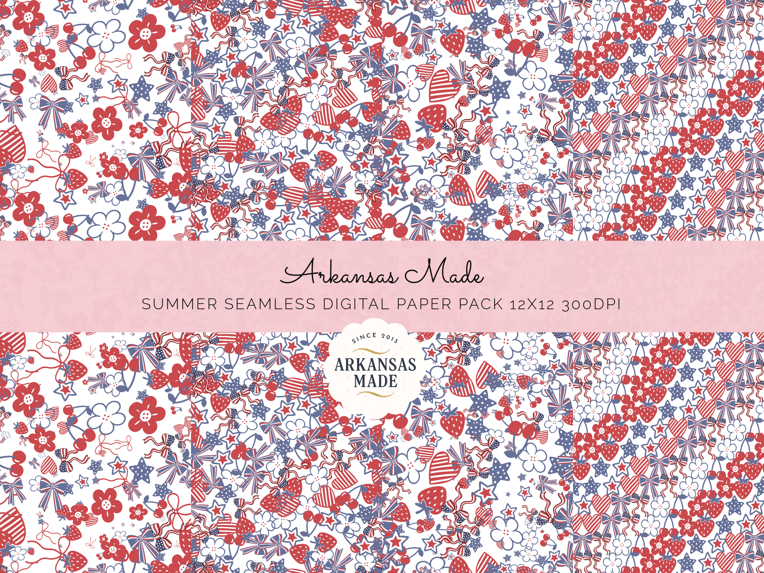 Americana Digital Seamless Papers, Patriotic Summer Scrapbook Paper Pack, 4th of July Planner Backgrounds, Red White Blue Instant Download