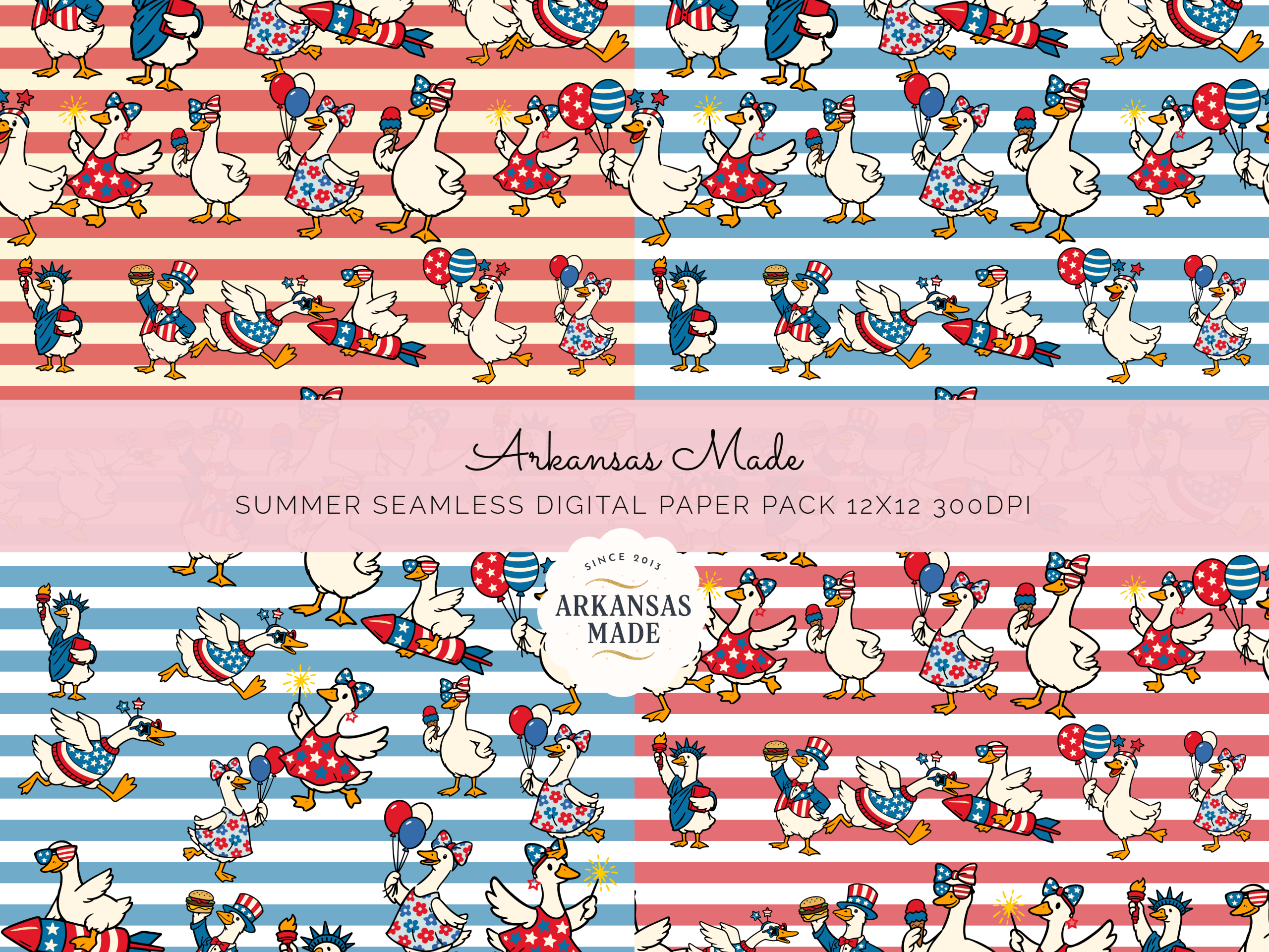 Patriotic Geese Digital Seamless Papers 12x12 300DPI | 4th of July Americana Duck Seamless Pattern Pack | Summer Celebration Scrapbook