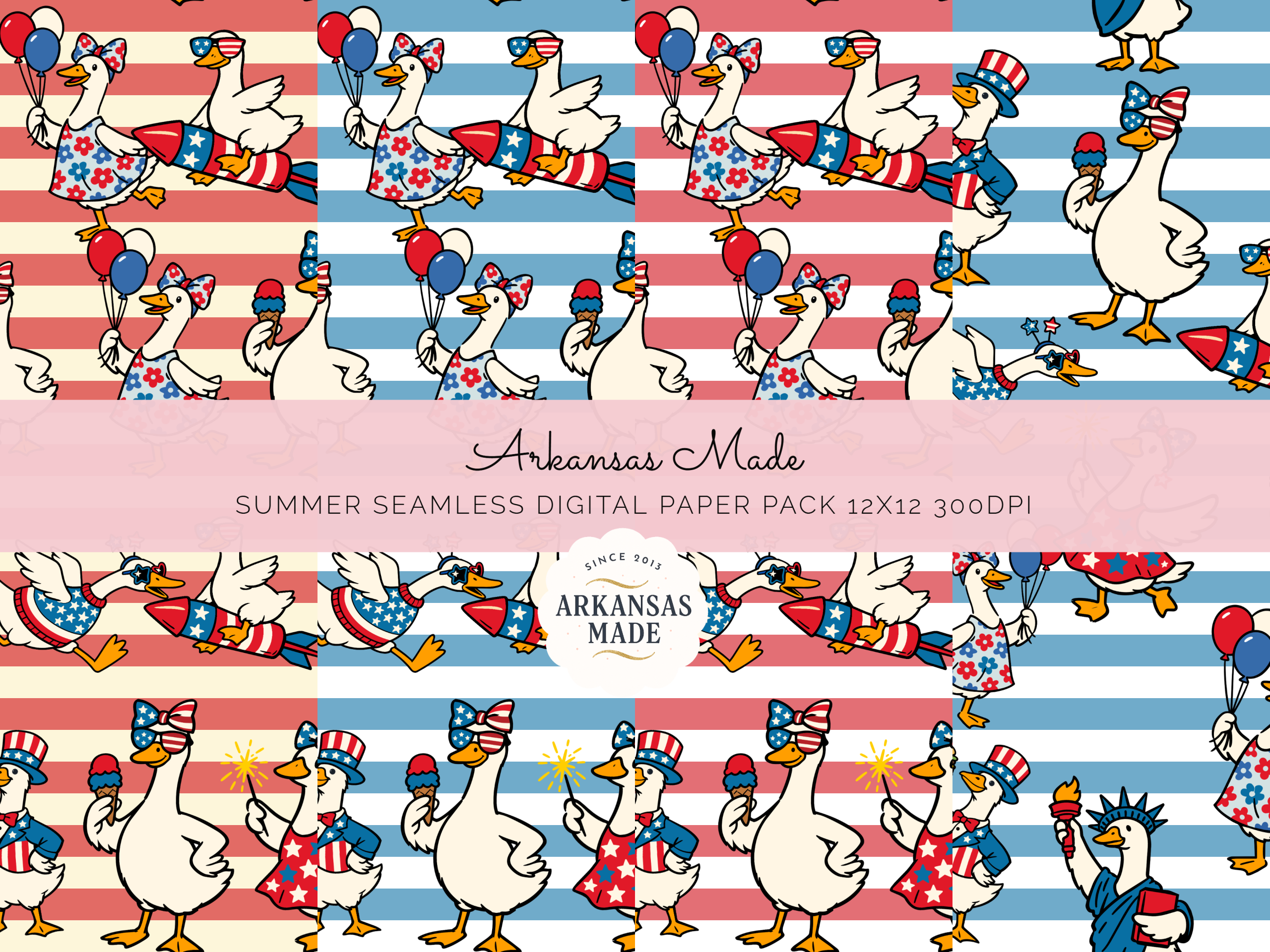 Patriotic Geese Digital Seamless Papers 12x12 300DPI | 4th of July Americana Duck Seamless Pattern Pack | Summer Celebration Scrapbook - Image 2