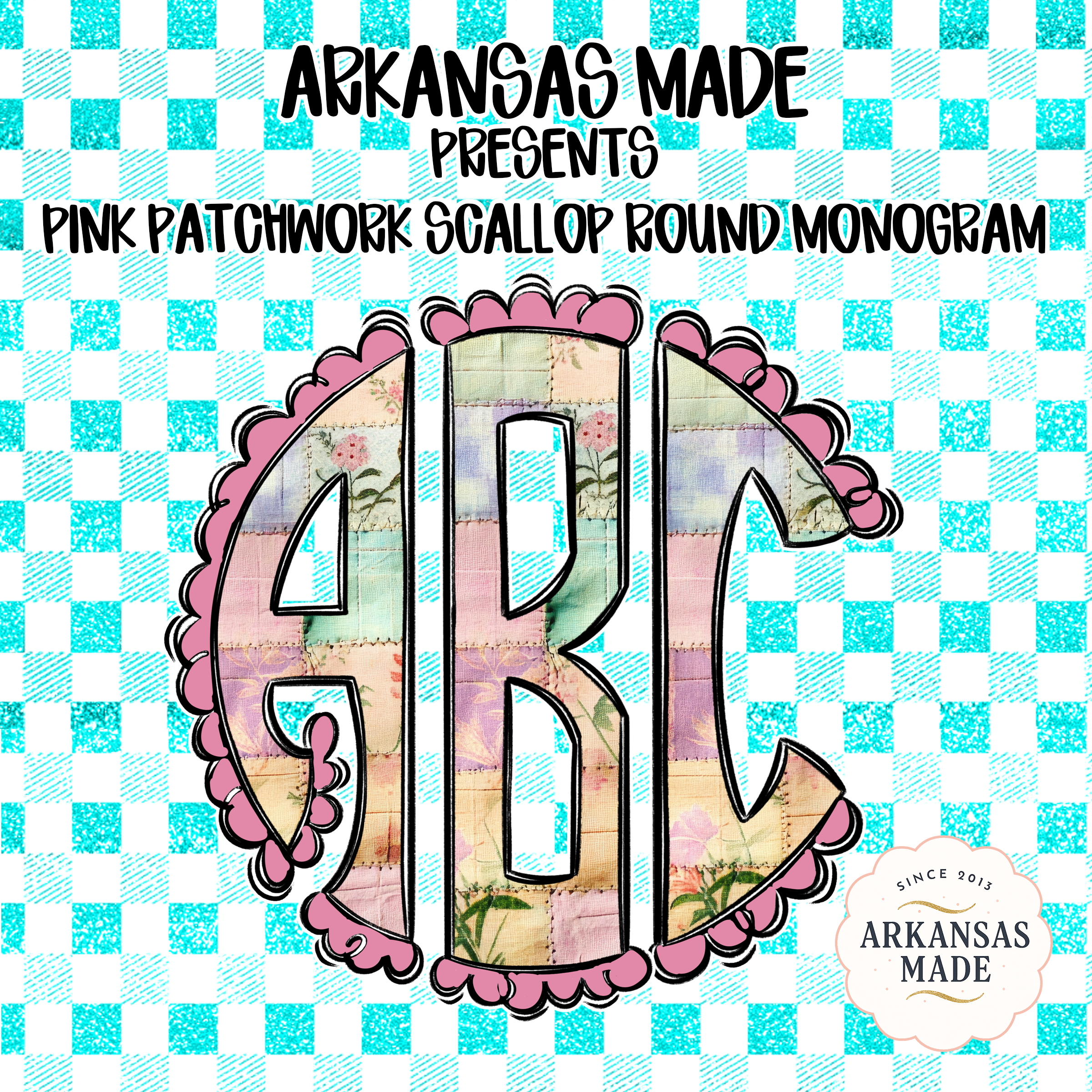 Pink Patchwork Scallop Round Monogram Alpha PNGs | Shabby Chic Floral Letters Sublimation Design | Vintage Style Personalized Craft Supply