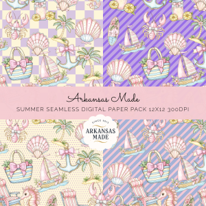 Summer Beach Coquette Digital Seamless Paper Pack | Pastel Nautical Marine Life Pattern Scrapbook Paper 12x12 300DPI