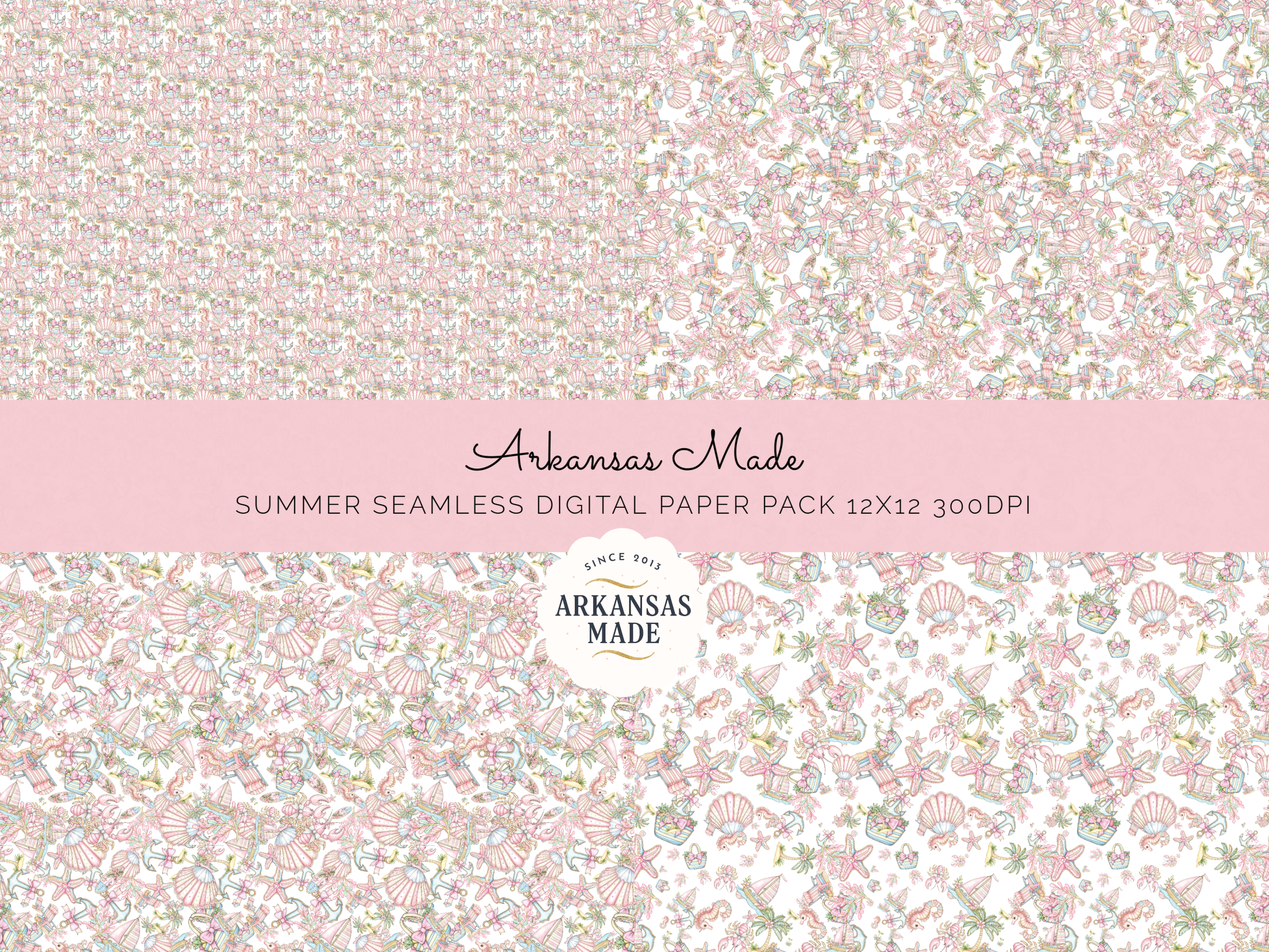 Summer Coastal Seamless Digital Paper Pack 12x12 300DPI, Whimsical Seashell Seahorse Nautical Pastel Scrapbook Planner Instant Download
