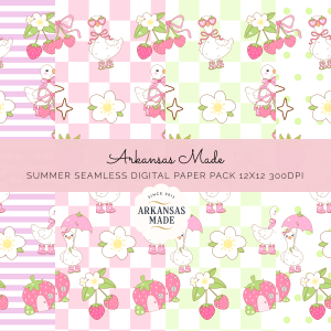 Cute Duck & Strawberry Seamless Digital Paper Pack - Kawaii Animals 12x12 300DPI for Scrapbooking & Nursery Decor