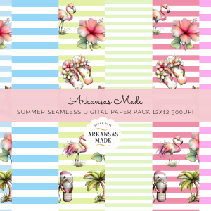 Summer Tropical Digital Seamless Papers Pack 12x12 300DPI | Flamingo Hibiscus Flip Flop Beach Stripes Pattern | Commercial Use Scrapbook