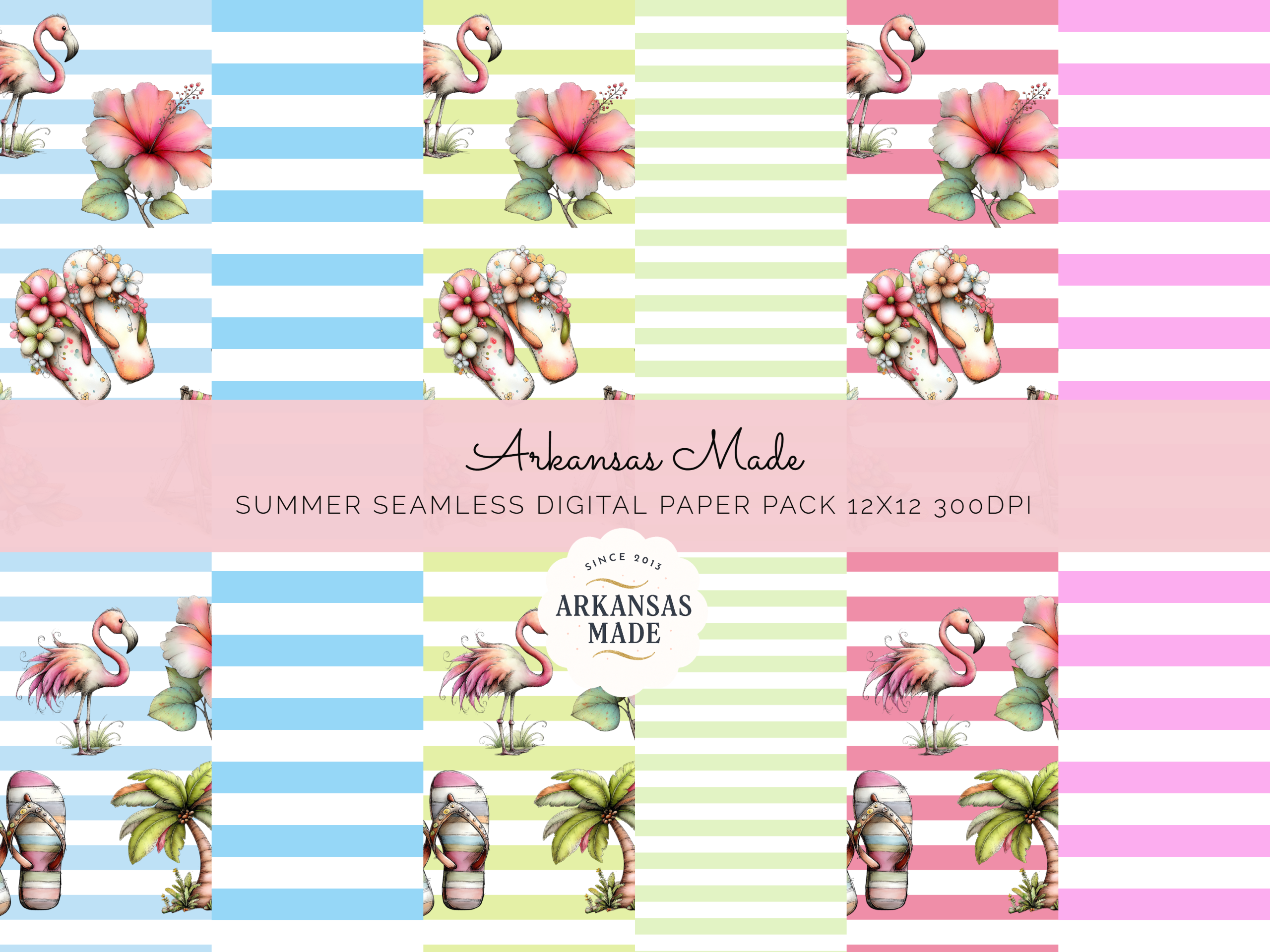 Summer Tropical Digital Seamless Papers Pack 12x12 300DPI | Flamingo Hibiscus Flip Flop Beach Stripes Pattern | Commercial Use Scrapbook