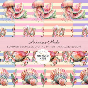 Summer Beach Digital Seamless Papers 12x12 300DPI | Watercolor Ocean Pattern, Jellyfish Crab Seashell Watermelon Flip Flop, Coastal