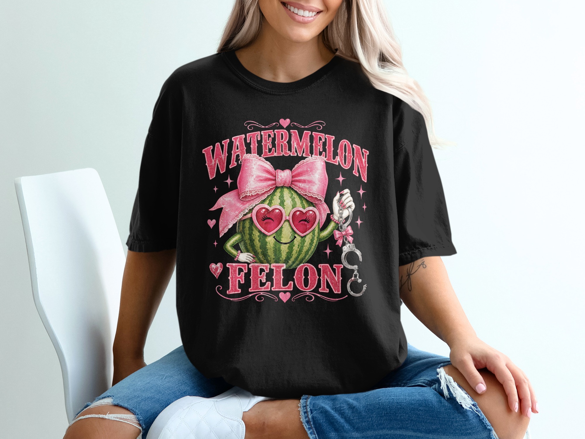 Watermelon Felon T-Shirt, Coquette Core Funny Pink Bow Aesthetic Handcuffs Graphic Tee, Distressed Print Sarcastic Humor Y2K Indie Style - Image 2