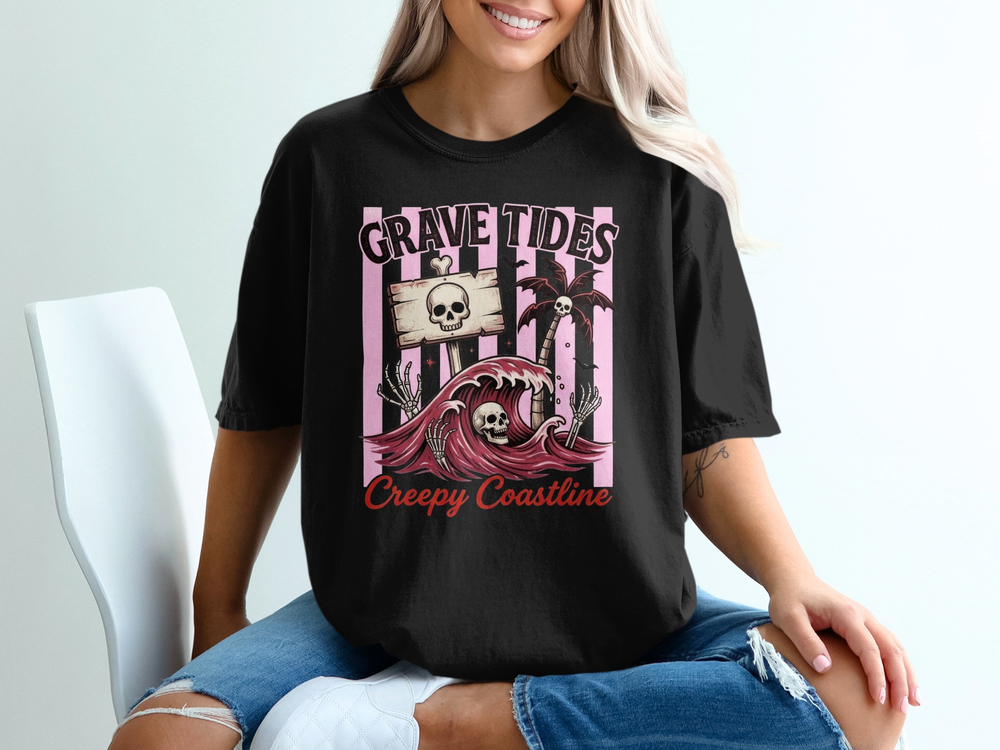 Grave Tides Creepy Coastline T-Shirt, Spooky Beach Goth Skull Tee, Dark Tropical Waves & Palm Tree Halloween Aesthetic Graphic Top - Image 2