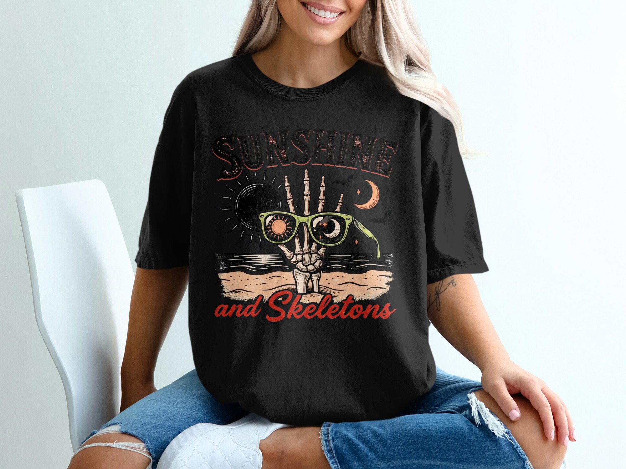 Sunshine Skeletons T-Shirt, Spooky Beach Tee, Goth Summer Shirt, Halloween Vacation Top, Retro Skeleton Graphic T-Shirt - Image 2