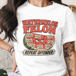 Watermelon Felon Repeat Offender T-Shirt, Funny Pun Summer Fruit Graphic Tee, Vintage Distressed Humor Shirt Gift