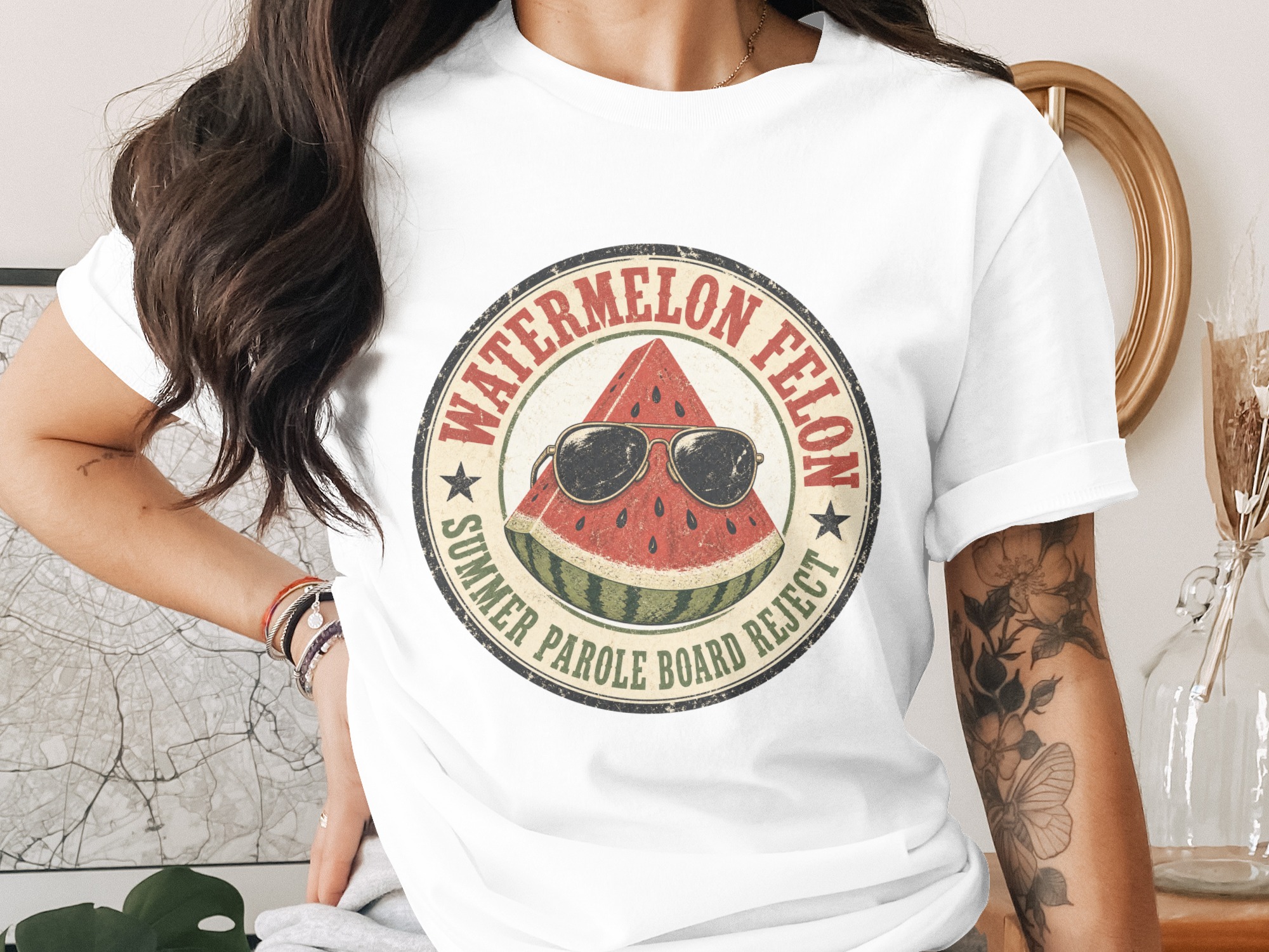 Funny Watermelon Felon T-Shirt | Retro Summer Parole Board Reject Graphic Tee | Hilarious Vintage Style Sarcastic Humor Shirt
