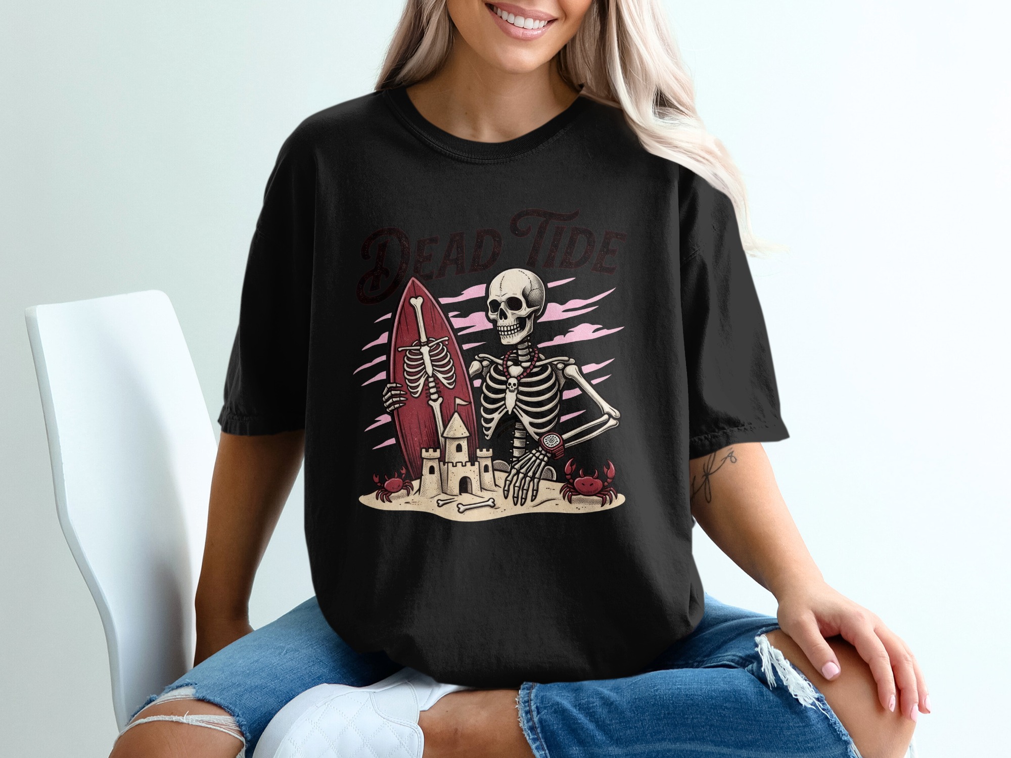 Skeleton Surfer T-Shirt, Dead Tide Grunge Beach Graphic Tee, Alternative Skull Ocean Print, Skater Summer Vacation Gift - Image 2