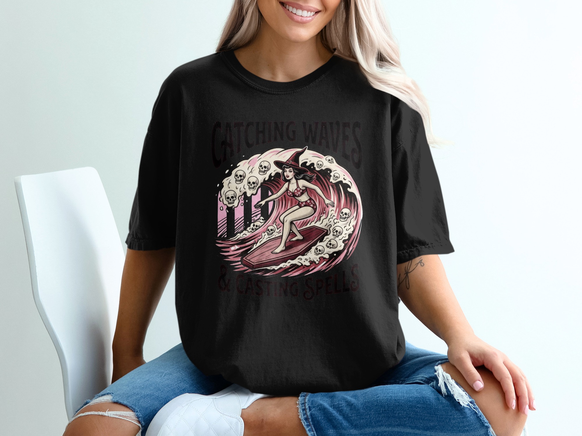 Catching Waves & Casting Spells T-Shirt, Witch Surfer Gothic Pin Up Tee, Spooky Beach Halloween Summer Skull Coffin Board Top - Image 2