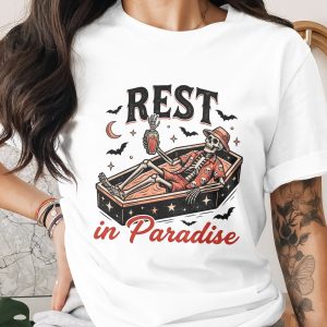 Rest in Paradise Skeleton T-Shirt - Spooky Halloween Vacation Tee, Creepy Hawaiian Shirt, Goth Summer Shirt