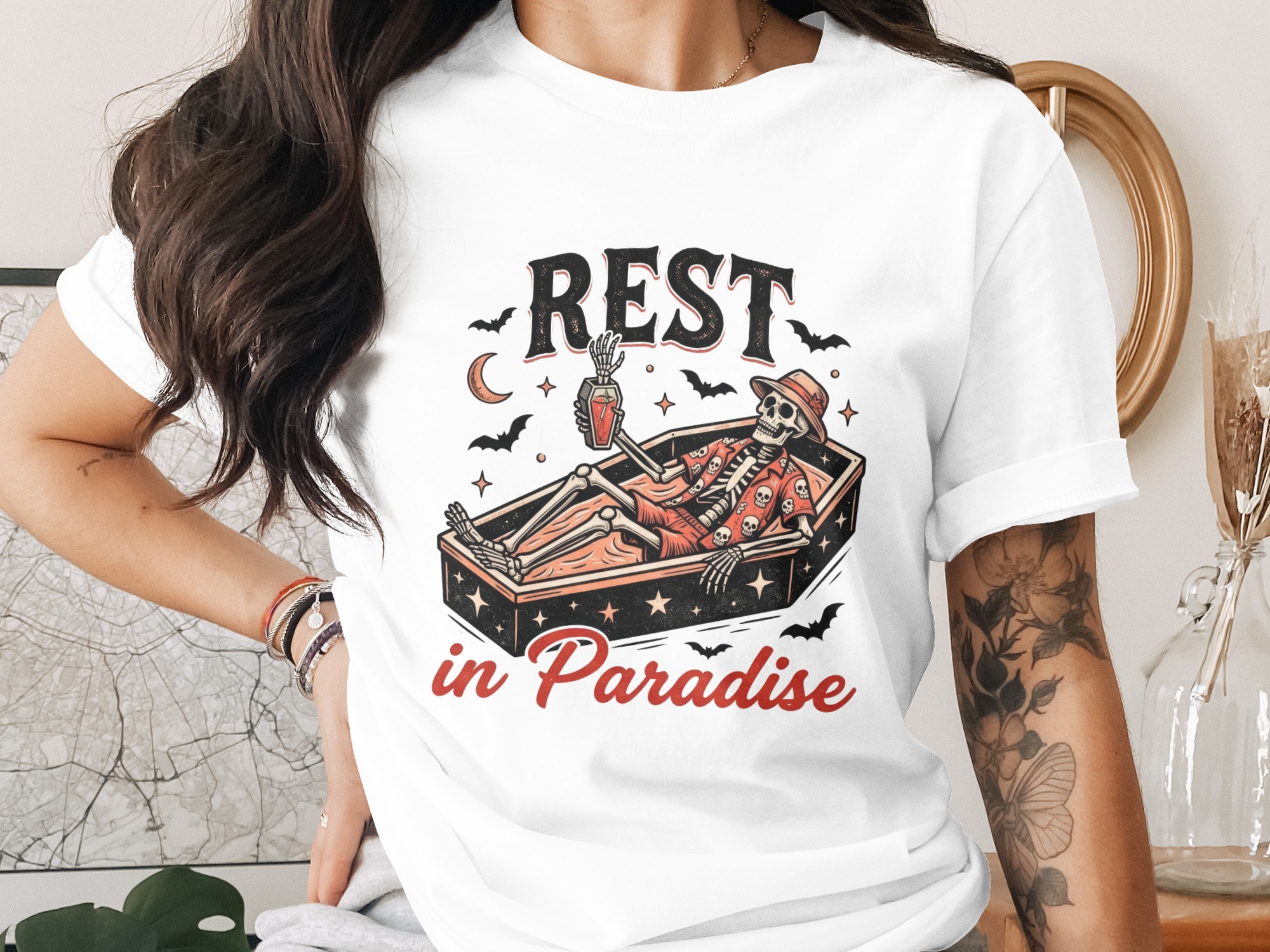 Rest in Paradise Skeleton T-Shirt - Spooky Halloween Vacation Tee, Creepy Hawaiian Shirt, Goth Summer Shirt