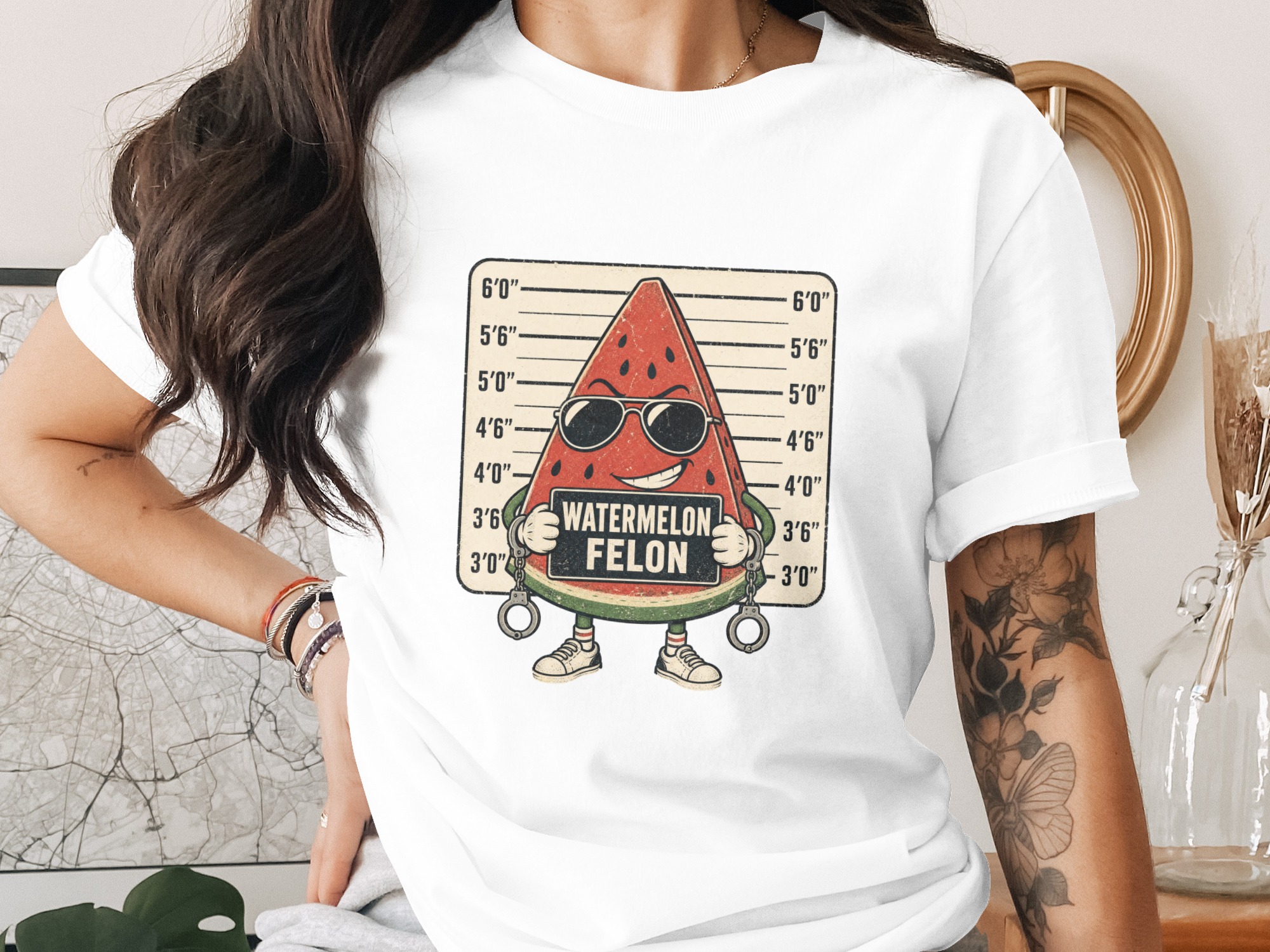 Funny Watermelon Felon Mugshot T-Shirt, Retro Distressed Summer Fruit Graphic Tee, Humorous Food Lover Gift for Him or Her