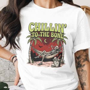 Chillin' To The Bone Skeleton T-Shirt, Spooky Beach Hammock Tee, Funny Halloween Shirt, Relaxed Goth Aesthetic Skull Palm Tree