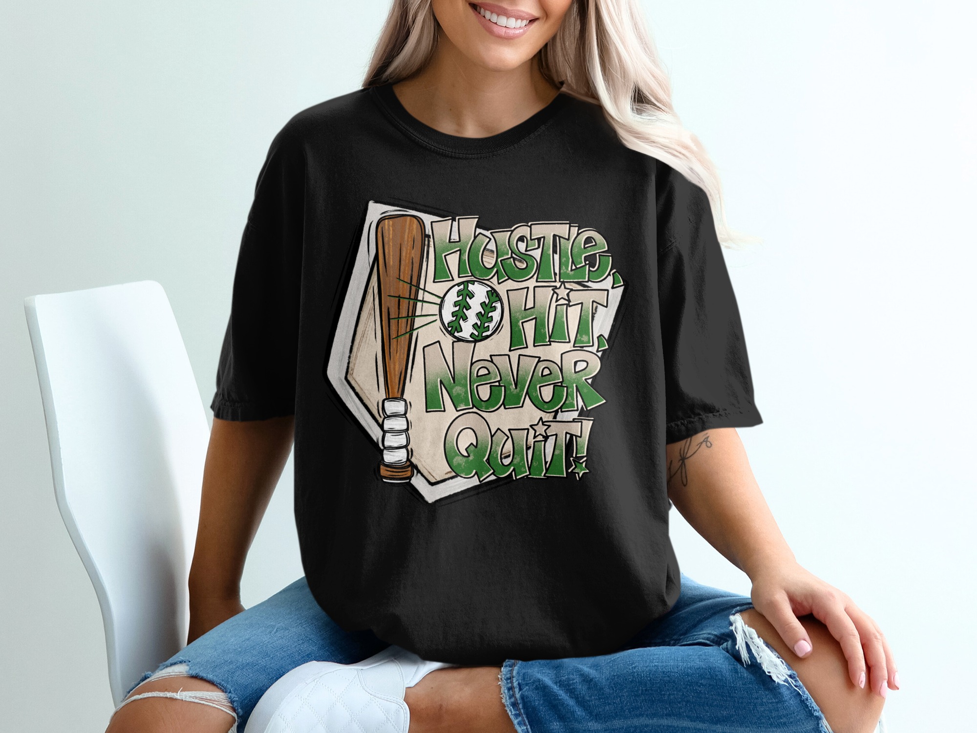 Hustle Hit Never Quit Baseball T-Shirt for Sports Fans, Baseball Mom Gift, Softball Coach Tee, Game Day Apparel - Image 2