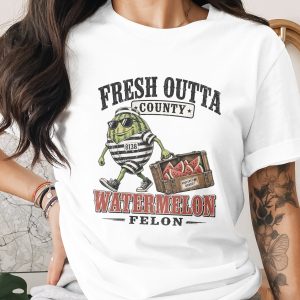 Fresh Outta County Watermelon Felon T-Shirt, Funny Summer Graphic Tee, Quirky Fruit Pun Shirt, Distressed Cartoon Character Gift