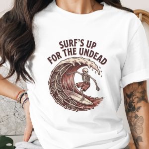 Surf's Up For The Undead Skeleton Surfing T-Shirt - Funny Halloween Beach Goth Spooky Horror Graphic Tee Gift
