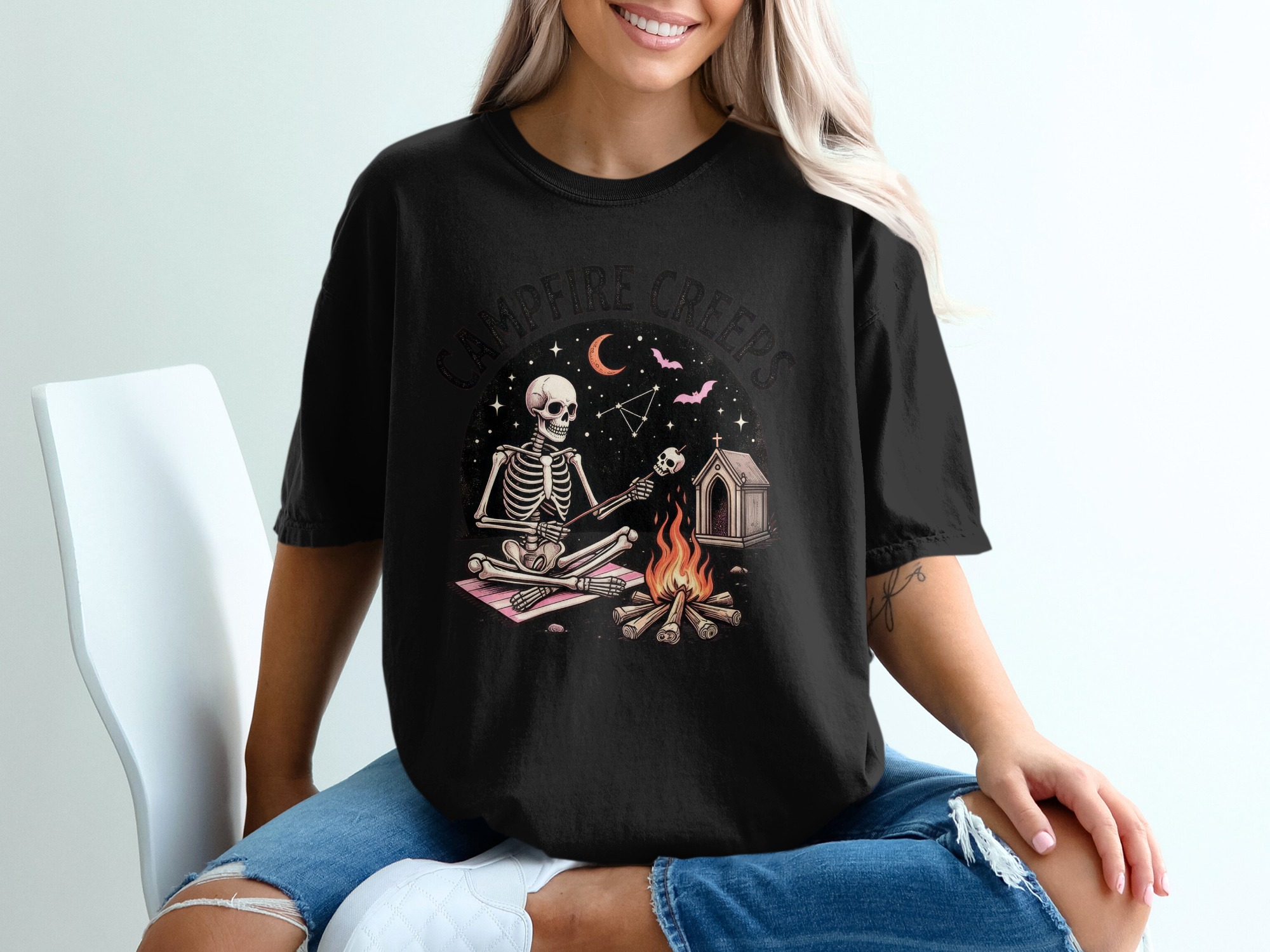 Campfire Creeps Spooky Skeleton Tee, Roasting Marshmallow Skull, Goth Halloween T-Shirt, Creepy Cute Alternative Apparel, Dark Whimsigoth - Image 2