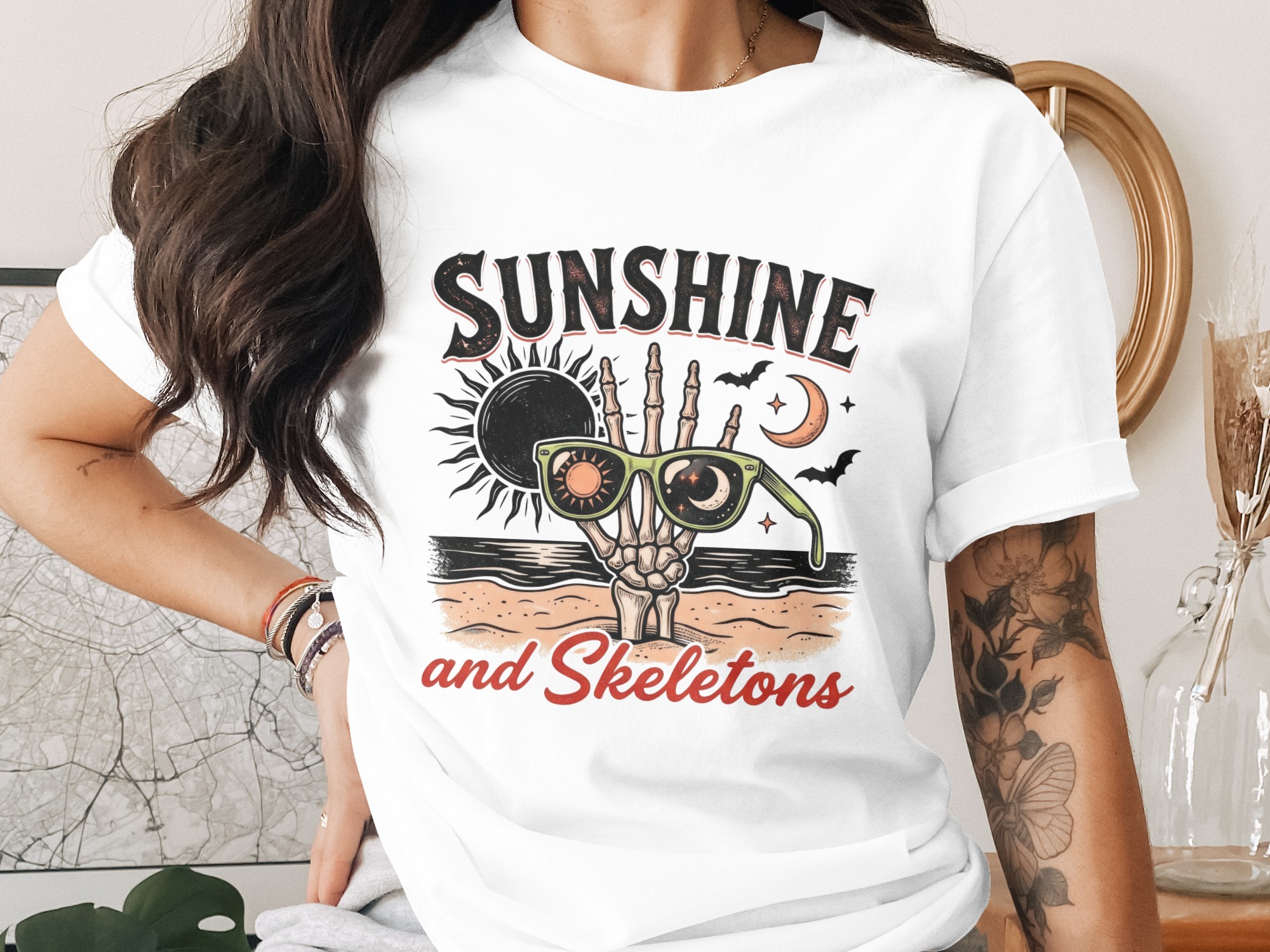 Sunshine Skeletons T-Shirt, Spooky Beach Tee, Goth Summer Shirt, Halloween Vacation Top, Retro Skeleton Graphic T-Shirt