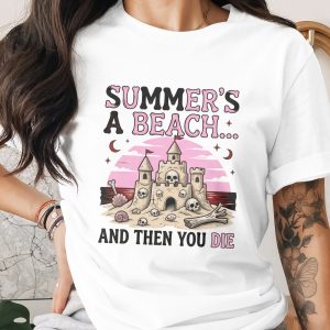 Dark Humor Summer Beach T-Shirt with Skull Sandcastle | Funny Goth Vacation Tee | Sarcastic Edgy Alt Apparel Gift Idea