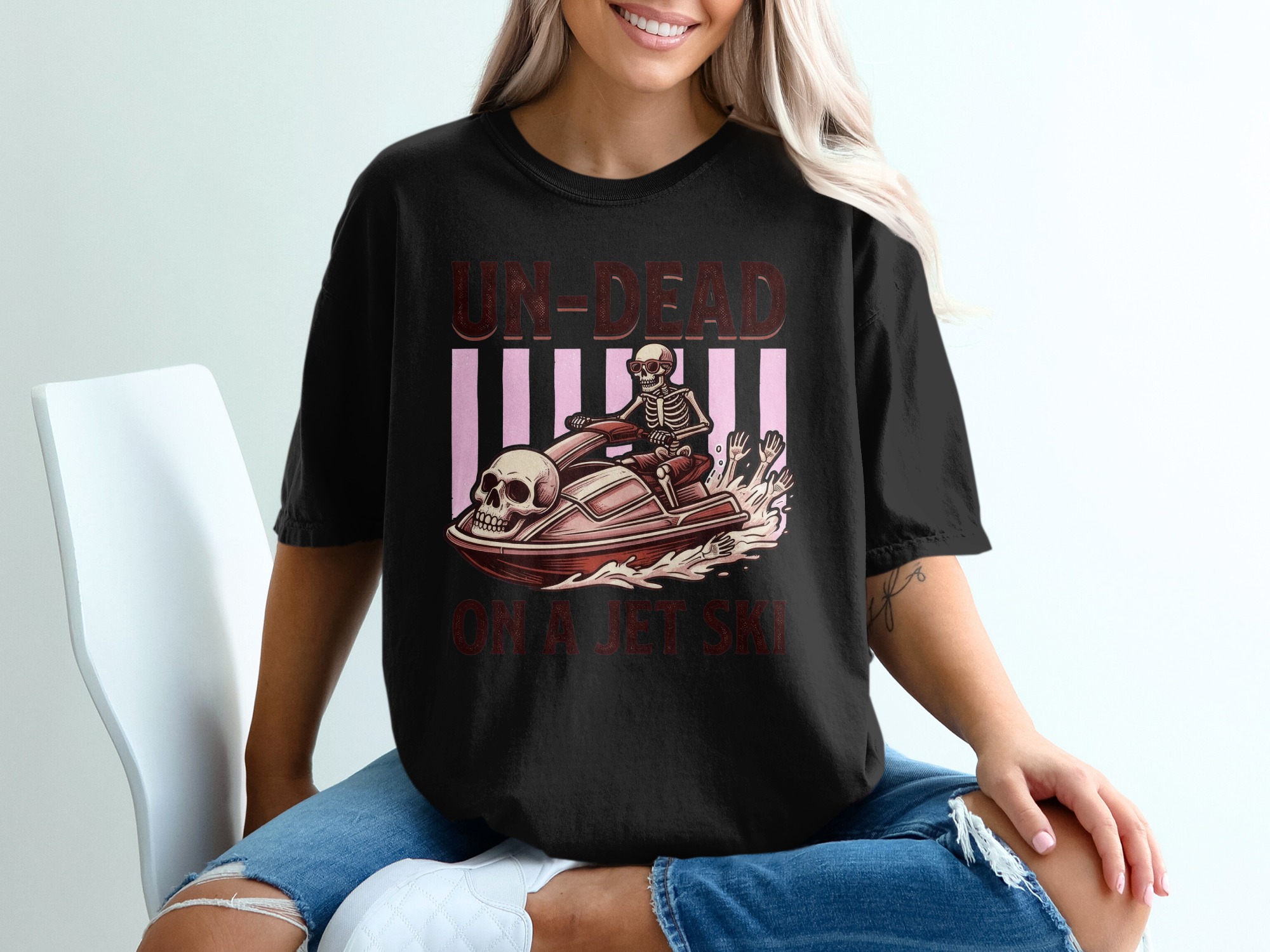 Undead on a Jet Ski T-Shirt, Funny Skeleton Shirt, Halloween Vacation Tee, Spooky Summer Beach Gift - Image 2