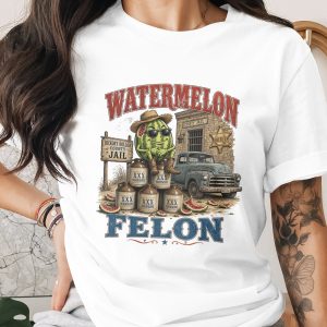Watermelon Felon Moonshine T-Shirt, Funny Country Outlaw Graphic Tee, Southern Humor Apparel, Redneck Jail Design