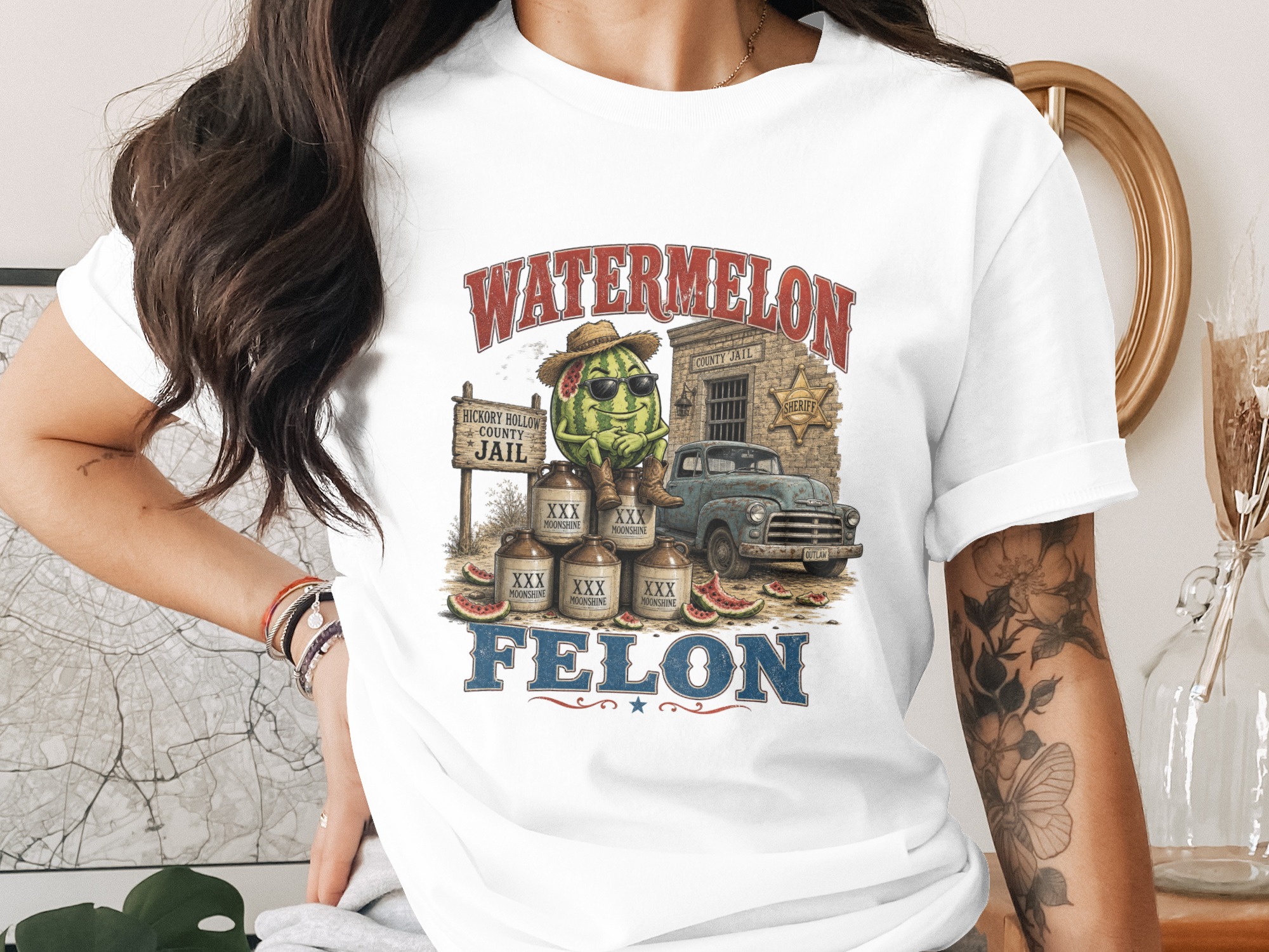 Watermelon Felon Moonshine T-Shirt, Funny Country Outlaw Graphic Tee, Southern Humor Apparel, Redneck Jail Design