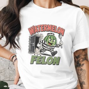 Watermelon Felon Funny Pun T-Shirt, Mischievous Fruit Jailbreak Graphic Tee, Humorous Food Lover Gift, Quirky Summer Apparel