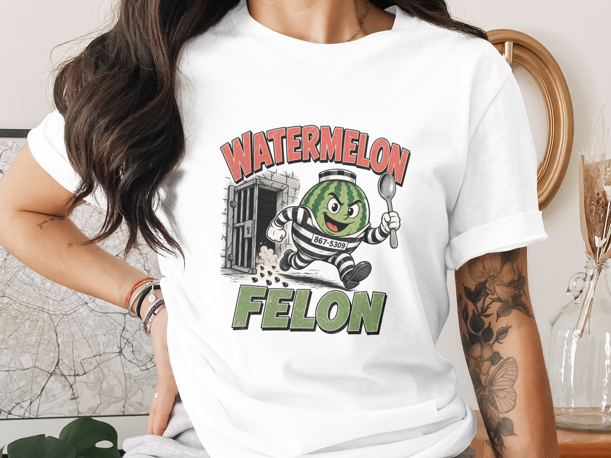 Watermelon Felon Funny Pun T-Shirt, Mischievous Fruit Jailbreak Graphic Tee, Humorous Food Lover Gift, Quirky Summer Apparel