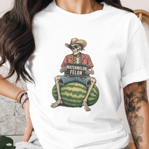 Watermelon Felon Skeleton T-Shirt, Funny Summer Graphic Tee, Dark Humor Vacation Shirt, Quirky Apparel Gift, Unique Beach Party Skull