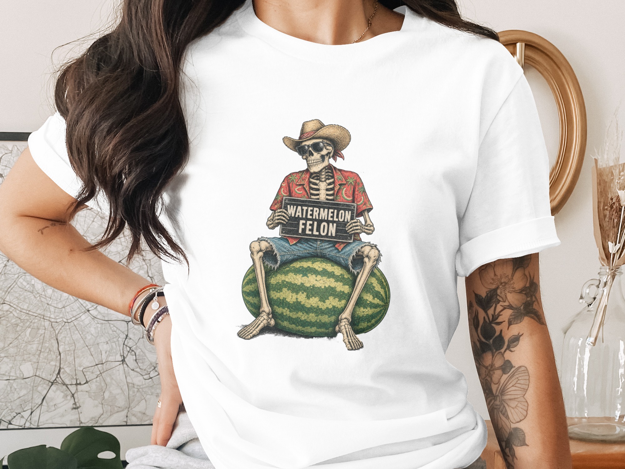 Watermelon Felon Skeleton T-Shirt, Funny Summer Graphic Tee, Dark Humor Vacation Shirt, Quirky Apparel Gift, Unique Beach Party Skull