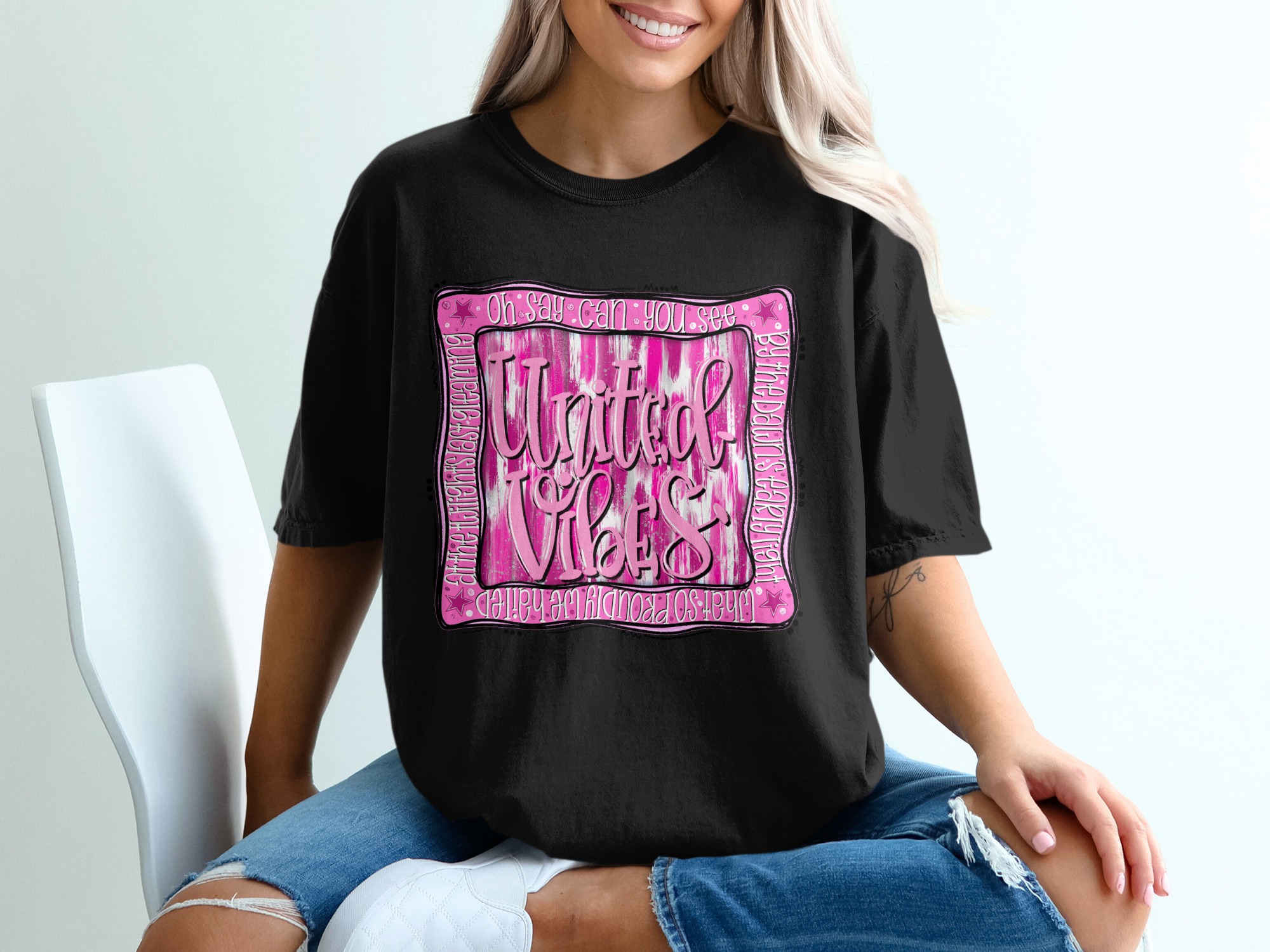 United Vibes T-Shirt | Patriotic Pink Faux Glitter Effect Tee with American Flag Song Lyrics | Fourth of July Concert Top - Image 2