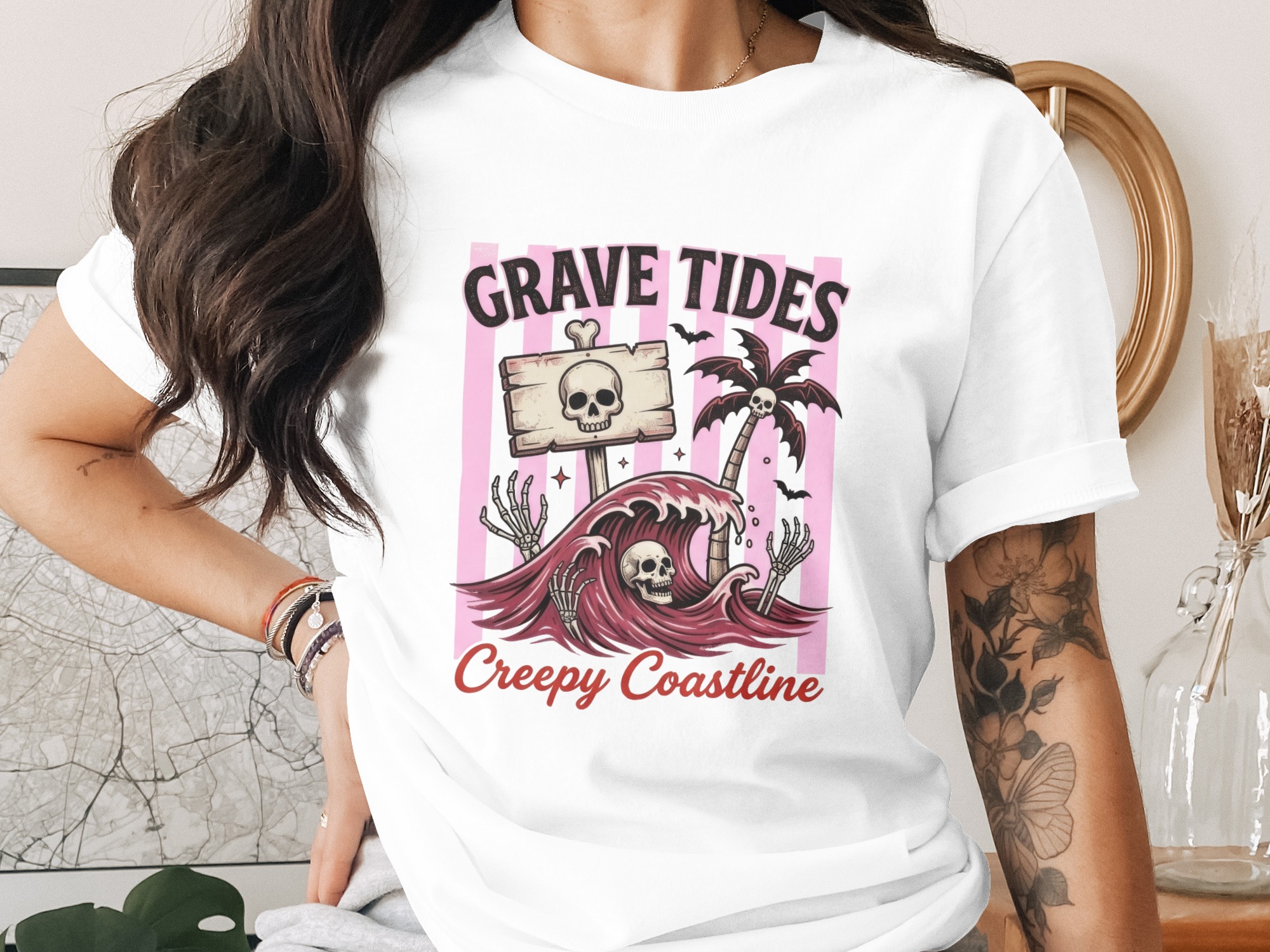Grave Tides Creepy Coastline T-Shirt, Spooky Beach Goth Skull Tee, Dark Tropical Waves & Palm Tree Halloween Aesthetic Graphic Top