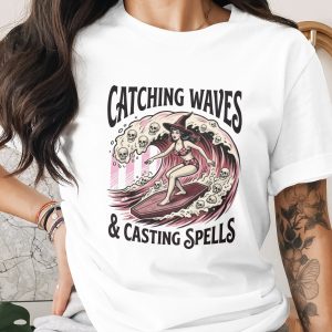 Catching Waves & Casting Spells T-Shirt, Witch Surfer Gothic Pin Up Tee, Spooky Beach Halloween Summer Skull Coffin Board Top
