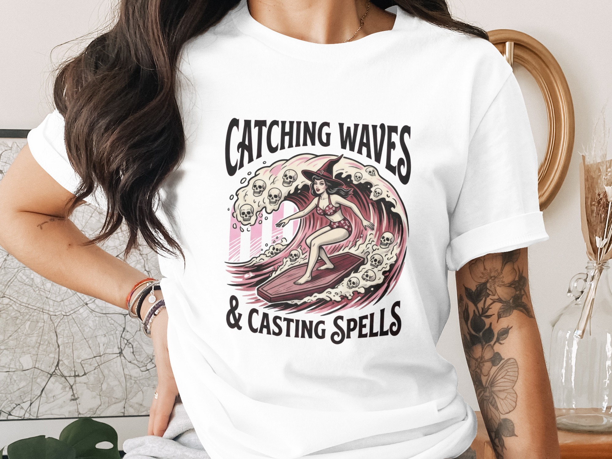 Catching Waves & Casting Spells T-Shirt, Witch Surfer Gothic Pin Up Tee, Spooky Beach Halloween Summer Skull Coffin Board Top